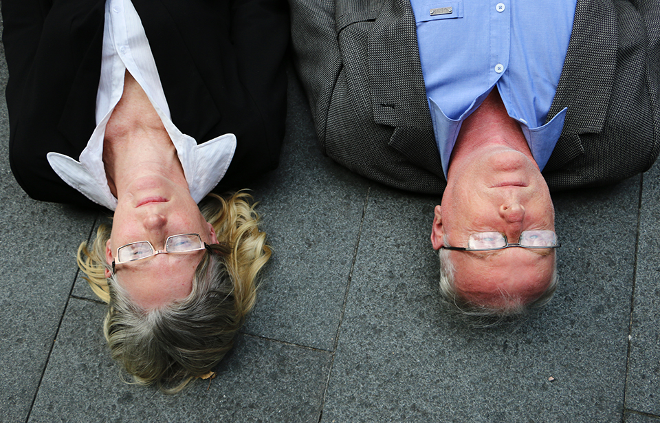 Renate Shutte and Grant Ockleston on a Queen St footpath in Friday’s School Strike 4 Climate protests.