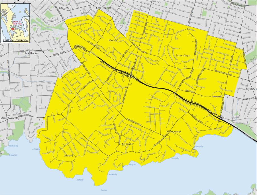 An area map with highlighted suburbs
