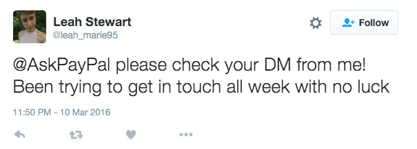 Twitter Support from PayPal with no luck